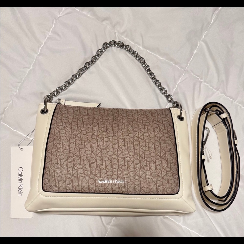 Calvin Klein Brown and Cream Shoulder Bag